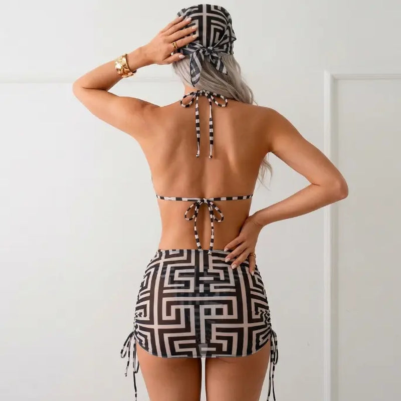 Women'S 4-Piece Geometric Print Bikini - High Cut 3/4 Cup Bathing Suit with Drawstring Mesh Skirt & Hair Scarf - Snatched 4Pc Swimsuit with Tummy Smoothing Sarong