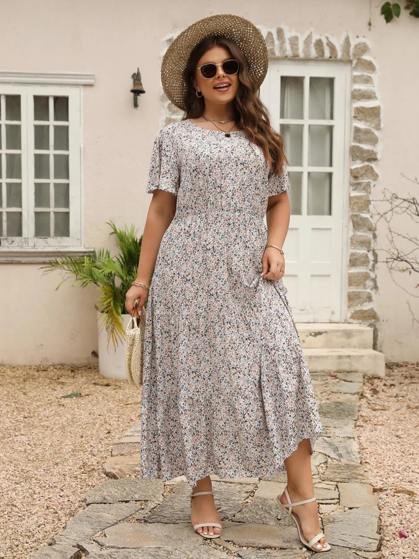 Women'S plus Size Ditsy Floral Print A-Line Dress, Fashion Casual Short Sleeve Dress for Daily Wear, Women'S Summer Clothing, Womenswear, Boho Clothes for Women