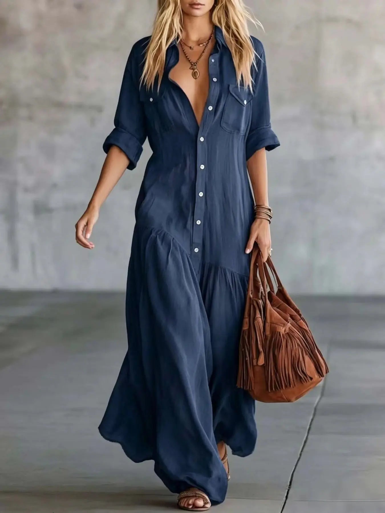2026 Long Dress with Shirt Collar and Button Design, Fashionable Patchwork Pocket Detail, European, American and Bohemian Style Cross-Border Export
