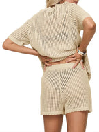 Fisoew Women'S 2-Piece Crochet Bathing Suit Cover up Set, Short-Sleeve V-Neck Button Top & Drawstring Shorts, Beachwear Cover up for Swimsuits