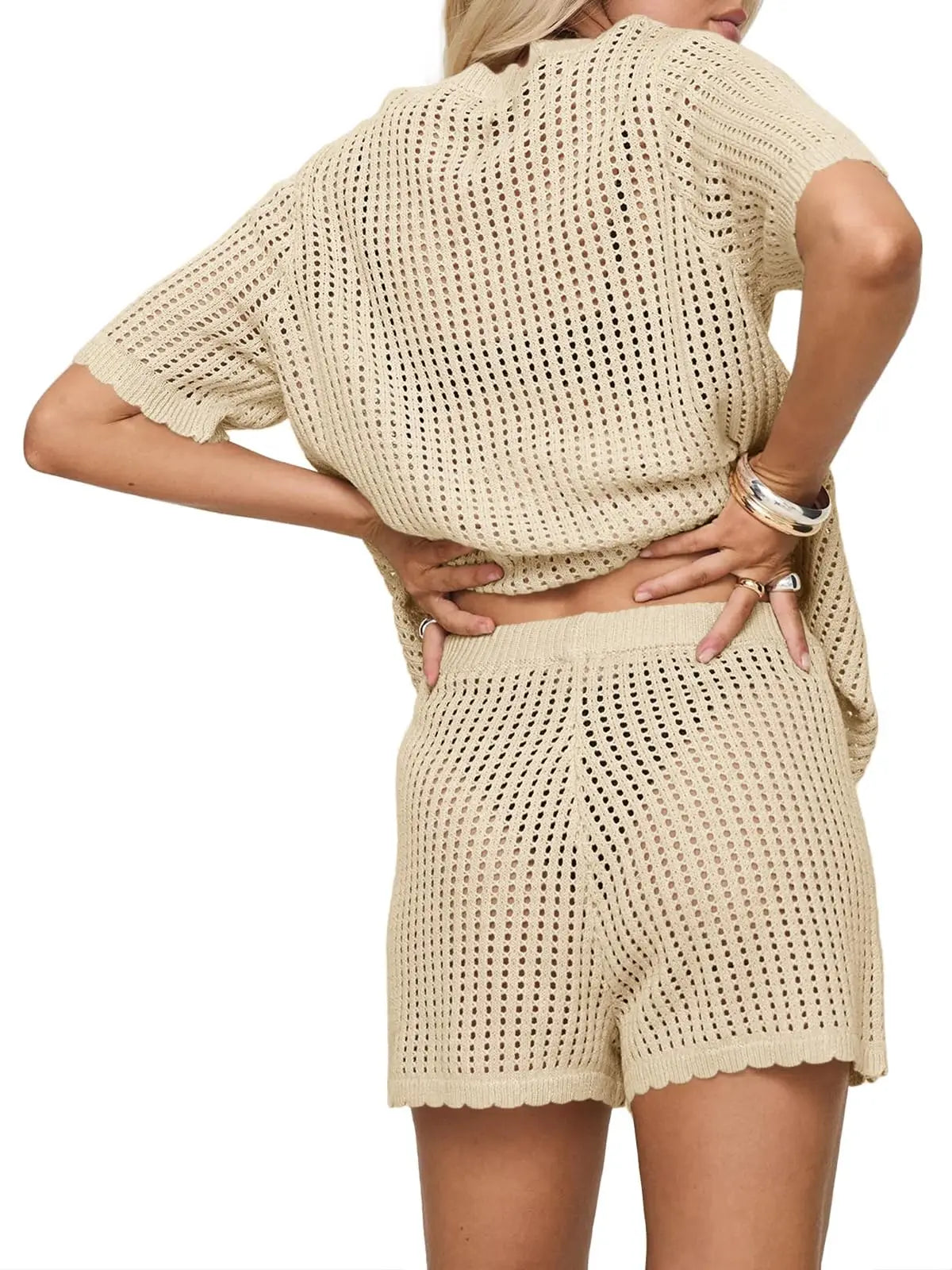 Fisoew Women'S 2-Piece Crochet Bathing Suit Cover up Set, Short-Sleeve V-Neck Button Top & Drawstring Shorts, Beachwear Cover up for Swimsuits