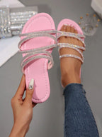 Summer Flat Rhinestone Sparkle Sandals, Casual Glitter Sandals, Women'S Fashion Beach Shoes, Outdoor Slip-Ons for Dating Shopping Parties Daily Outing Home Leisure, Leopard Print Sandals
