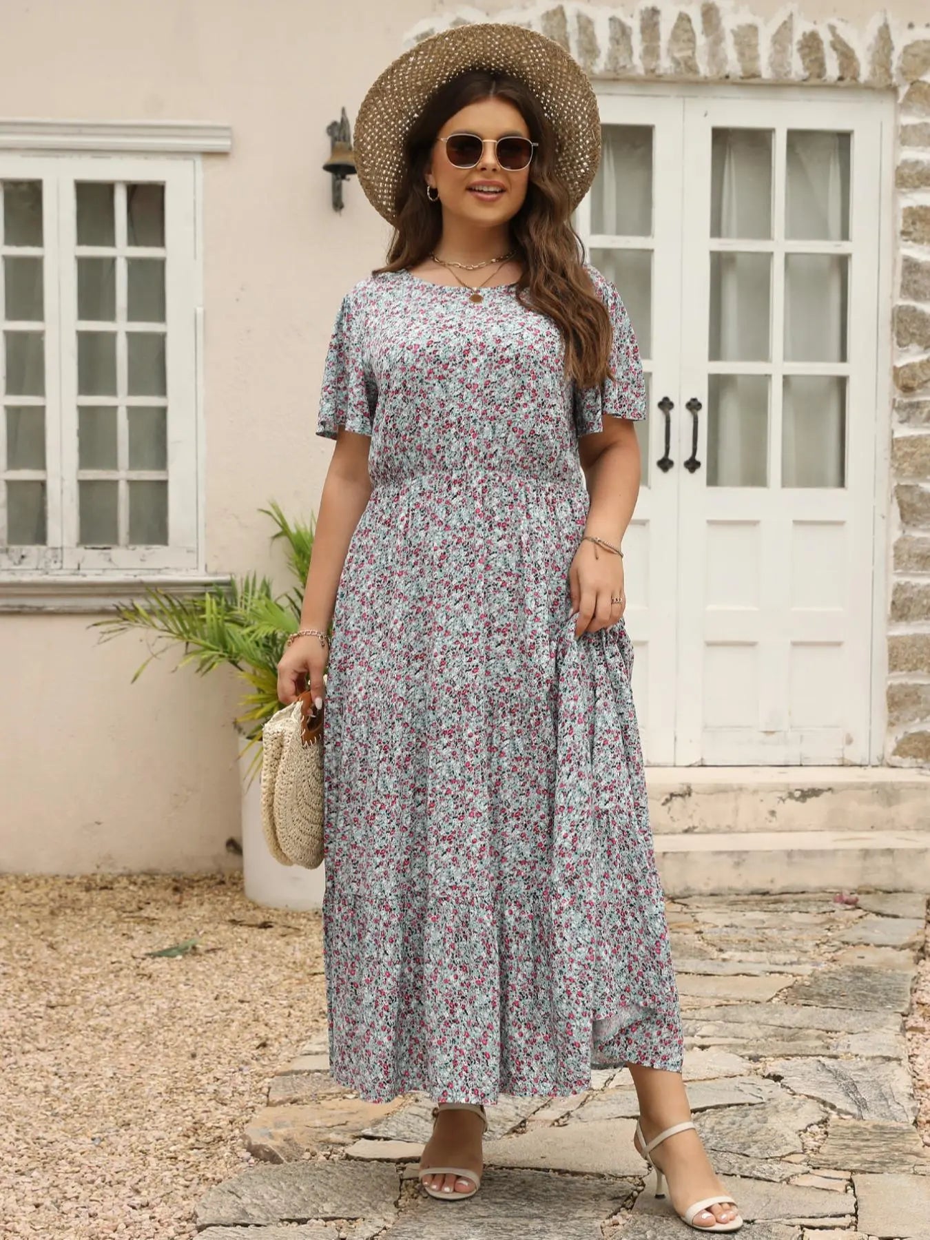 Women'S plus Size Ditsy Floral Print A-Line Dress, Fashion Casual Short Sleeve Dress for Daily Wear, Women'S Summer Clothing, Womenswear, Boho Clothes for Women