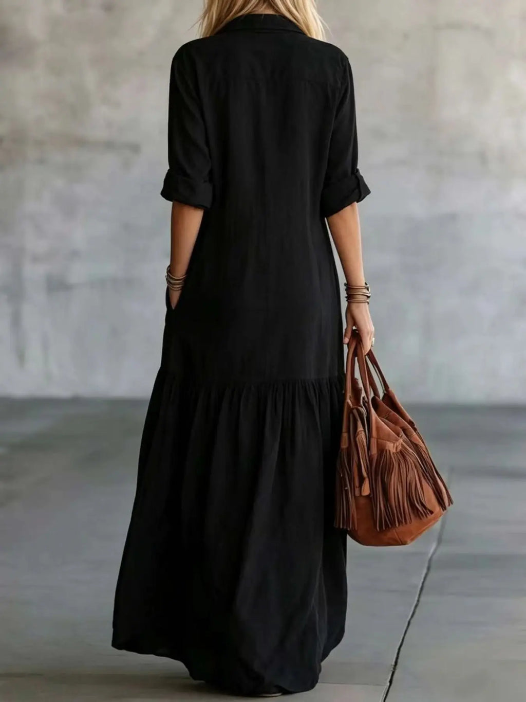 2026 Long Dress with Shirt Collar and Button Design, Fashionable Patchwork Pocket Detail, European, American and Bohemian Style Cross-Border Export