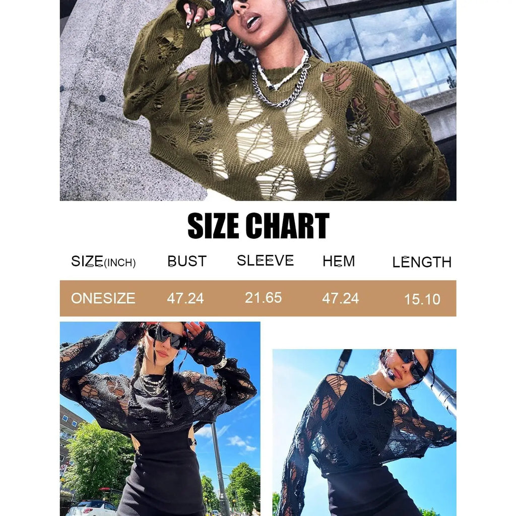 Women'S See through Hole Ripped Crop Tops Knit Pullover Short Sweaters