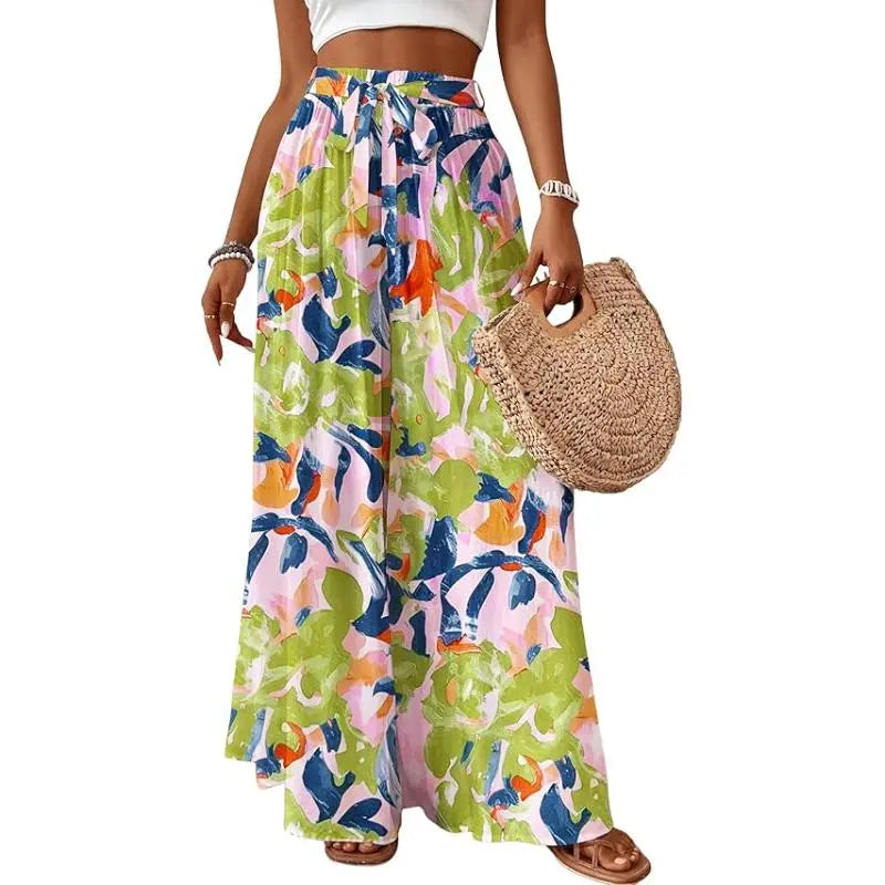Bsubseach Wide Leg Pants Woman Flowy Floral Palazzo Pants for Women High Waisted Summer Casual Trousers Cruise Outfits