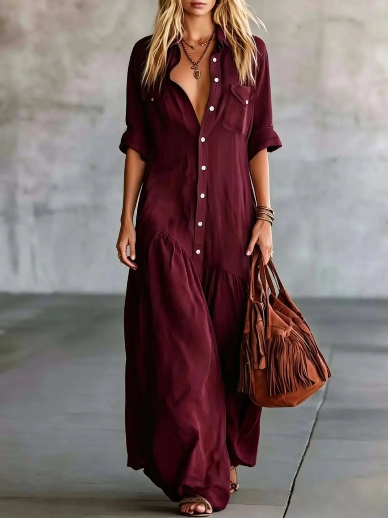 2026 Long Dress with Shirt Collar and Button Design, Fashionable Patchwork Pocket Detail, European, American and Bohemian Style Cross-Border Export