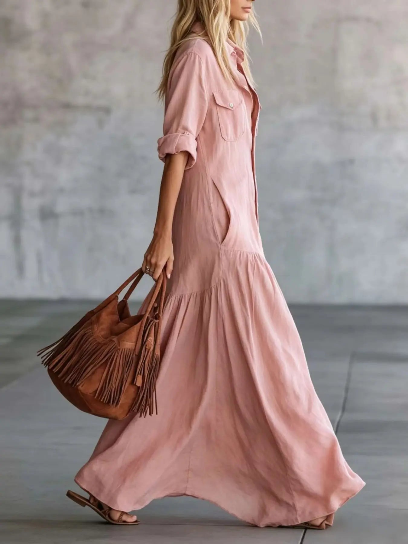 2026 Long Dress with Shirt Collar and Button Design, Fashionable Patchwork Pocket Detail, European, American and Bohemian Style Cross-Border Export