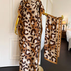 Mooquera Elegant Leopard Print Boho Kaftan Dress with Matching Scarf - Silky Loose Maxi Vacation Resort Wear