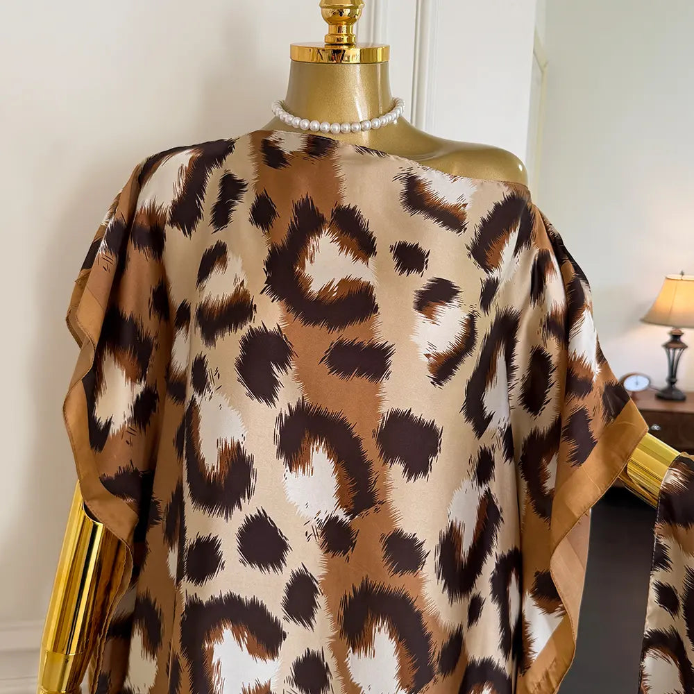 Mooquera Elegant Leopard Print Boho Kaftan Dress with Matching Scarf - Silky Loose Maxi Vacation Resort Wear