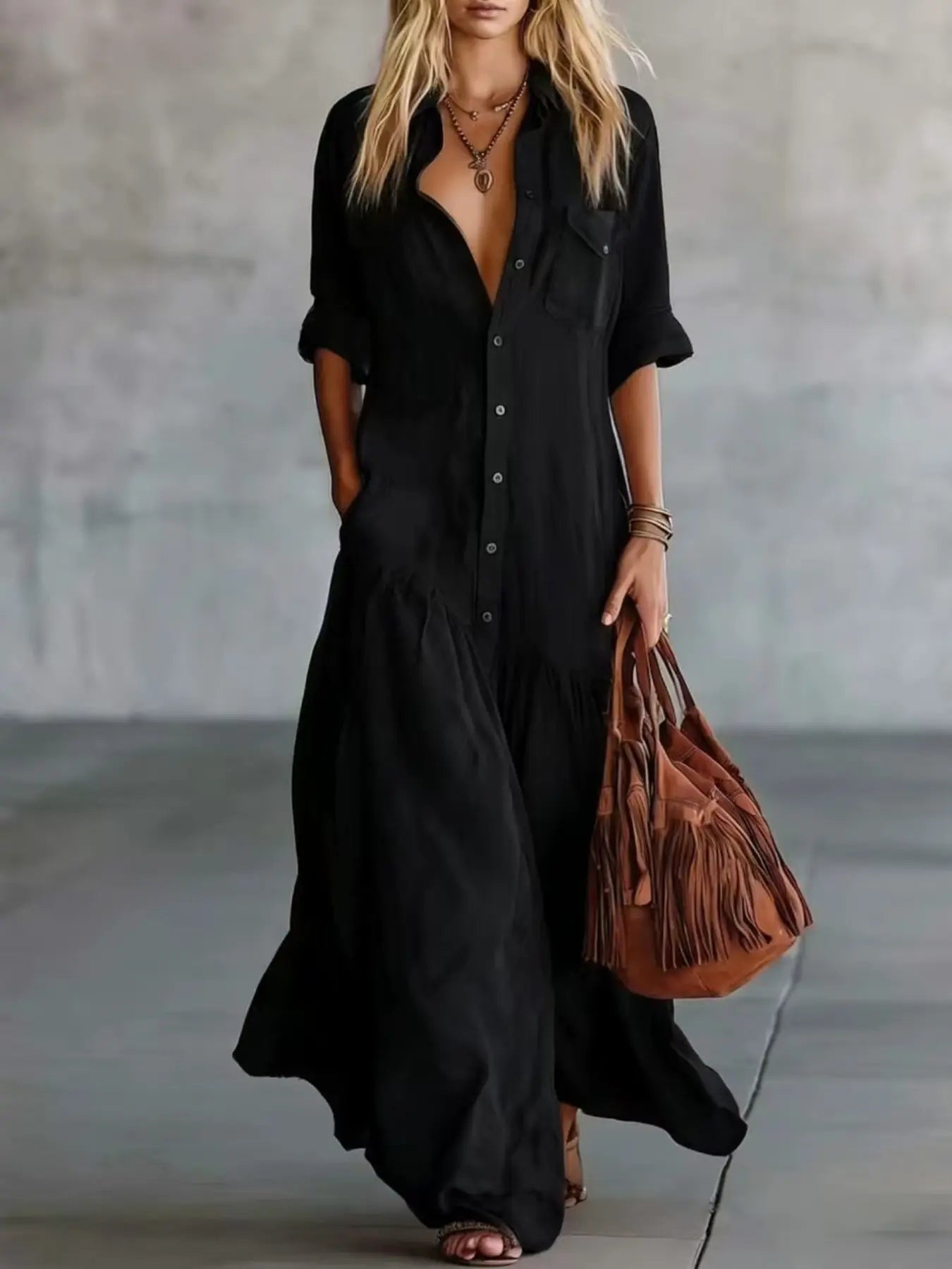 2026 Long Dress with Shirt Collar and Button Design, Fashionable Patchwork Pocket Detail, European, American and Bohemian Style Cross-Border Export