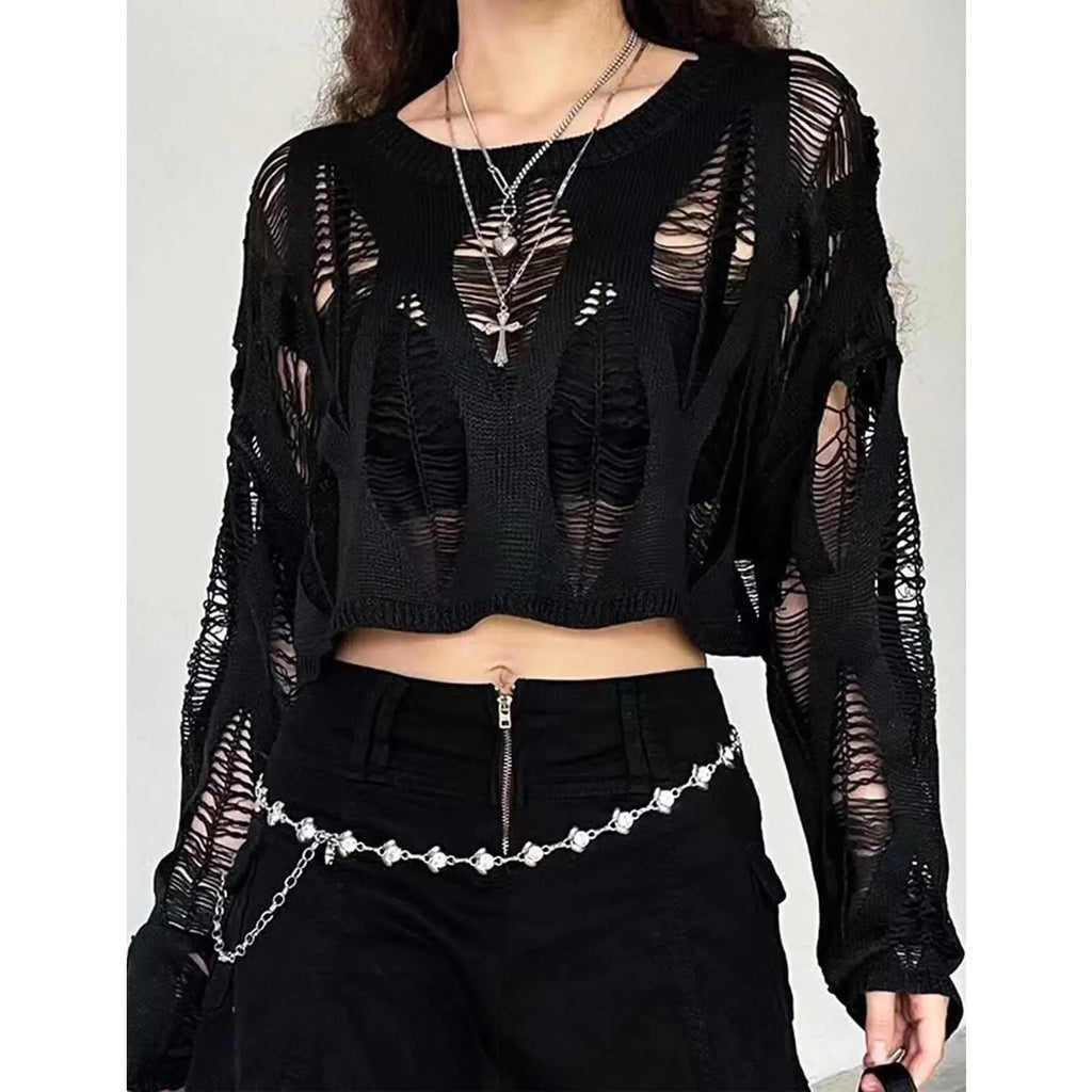 Women'S See through Hole Ripped Crop Tops Knit Pullover Short Sweaters