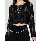 Women'S See through Hole Ripped Crop Tops Knit Pullover Short Sweaters