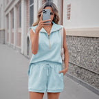Tankaneo Womens 2 Piece Outfits Short Sets Half Zip Sleeveless Tops and Drawstring Shorts Loungewear Sweatsuit Set