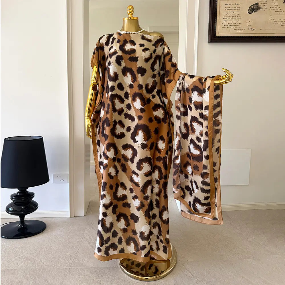 Mooquera Elegant Leopard Print Boho Kaftan Dress with Matching Scarf - Silky Loose Maxi Vacation Resort Wear