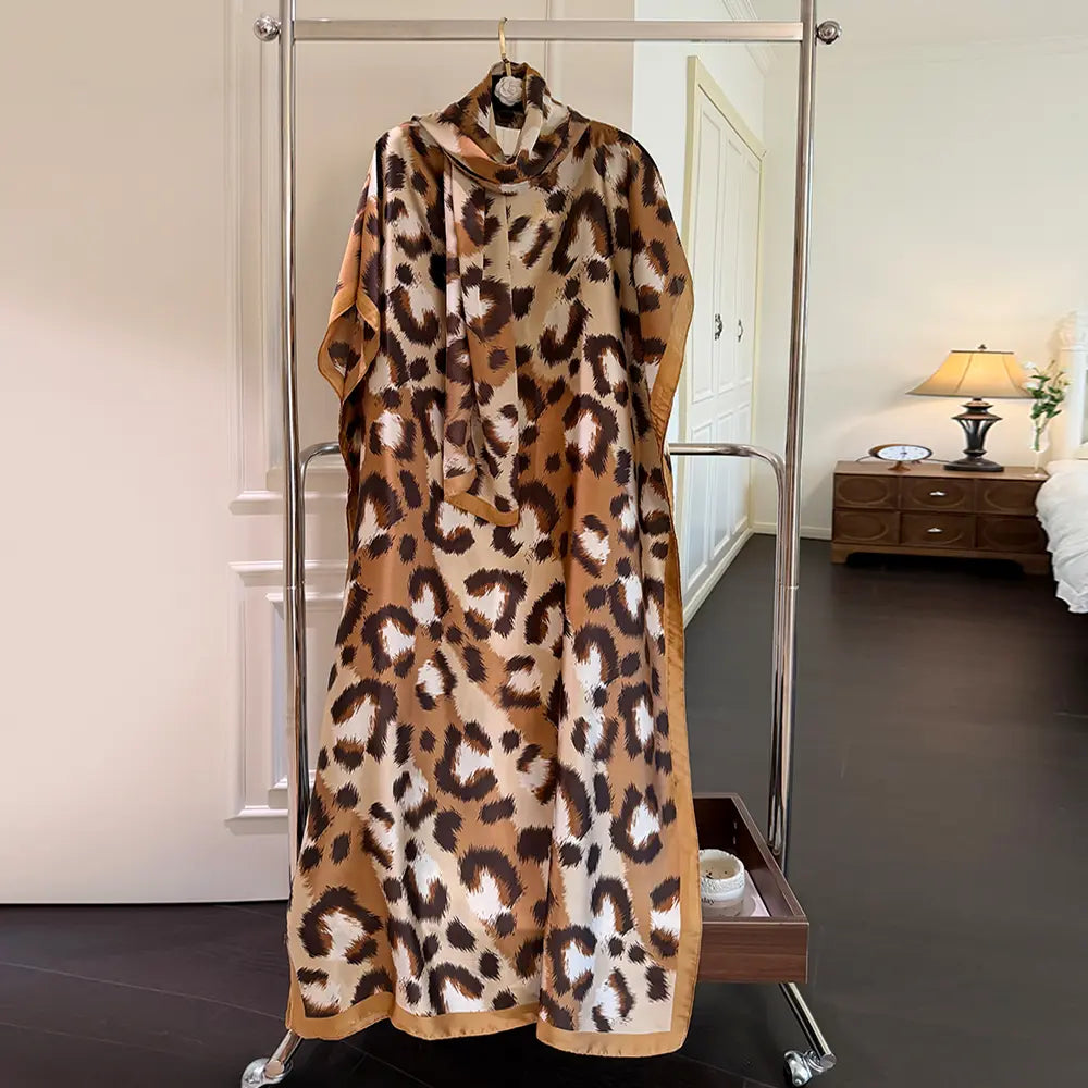 Mooquera Elegant Leopard Print Boho Kaftan Dress with Matching Scarf - Silky Loose Maxi Vacation Resort Wear