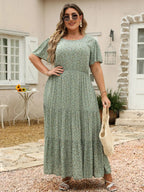 Women'S plus Size Ditsy Floral Print A-Line Dress, Fashion Casual Short Sleeve Dress for Daily Wear, Women'S Summer Clothing, Womenswear, Boho Clothes for Women