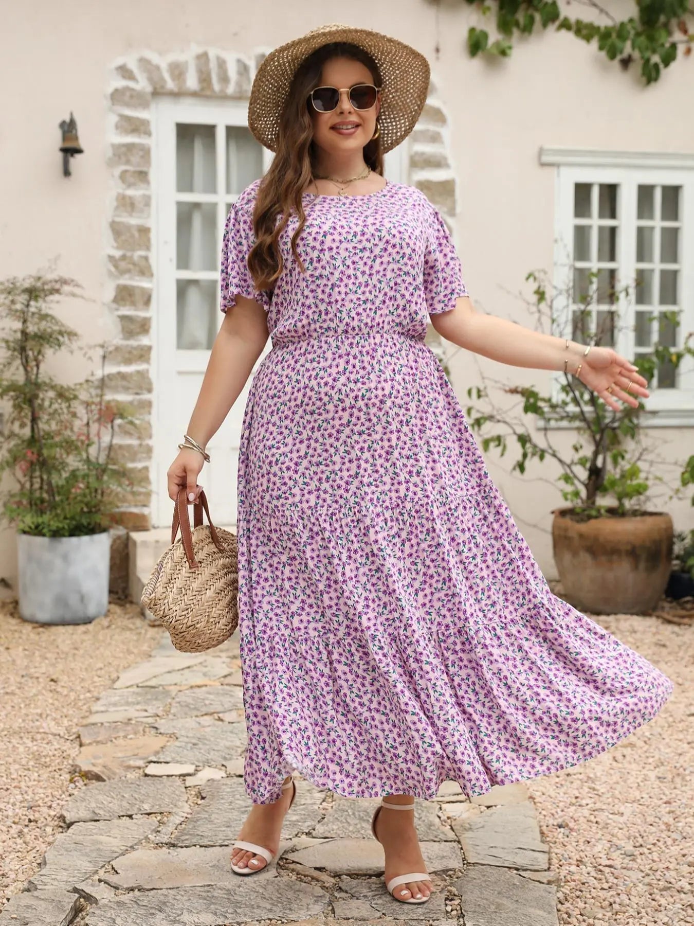 Women'S plus Size Ditsy Floral Print A-Line Dress, Fashion Casual Short Sleeve Dress for Daily Wear, Women'S Summer Clothing, Womenswear, Boho Clothes for Women