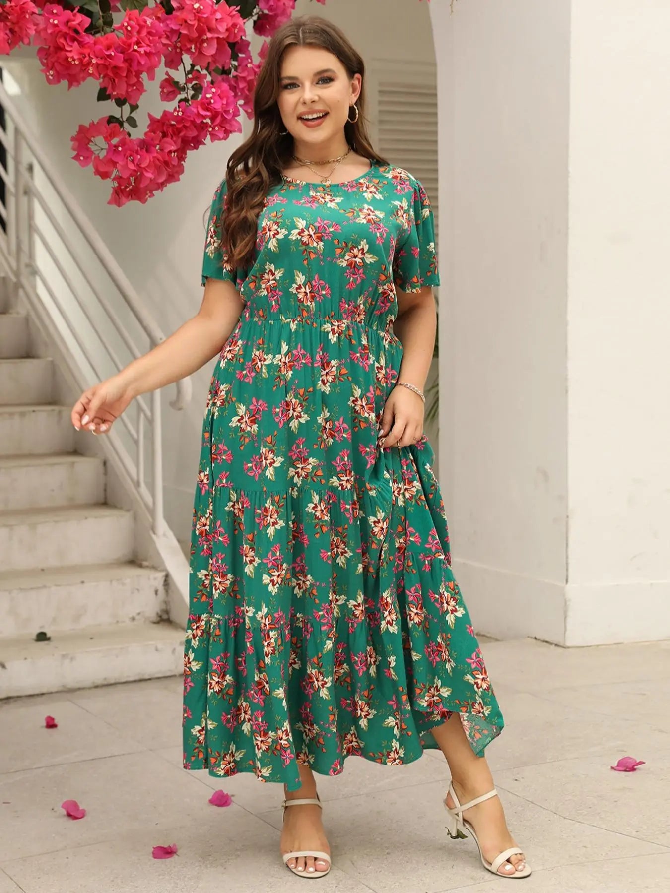 Women'S plus Size Ditsy Floral Print A-Line Dress, Fashion Casual Short Sleeve Dress for Daily Wear, Women'S Summer Clothing, Womenswear, Boho Clothes for Women