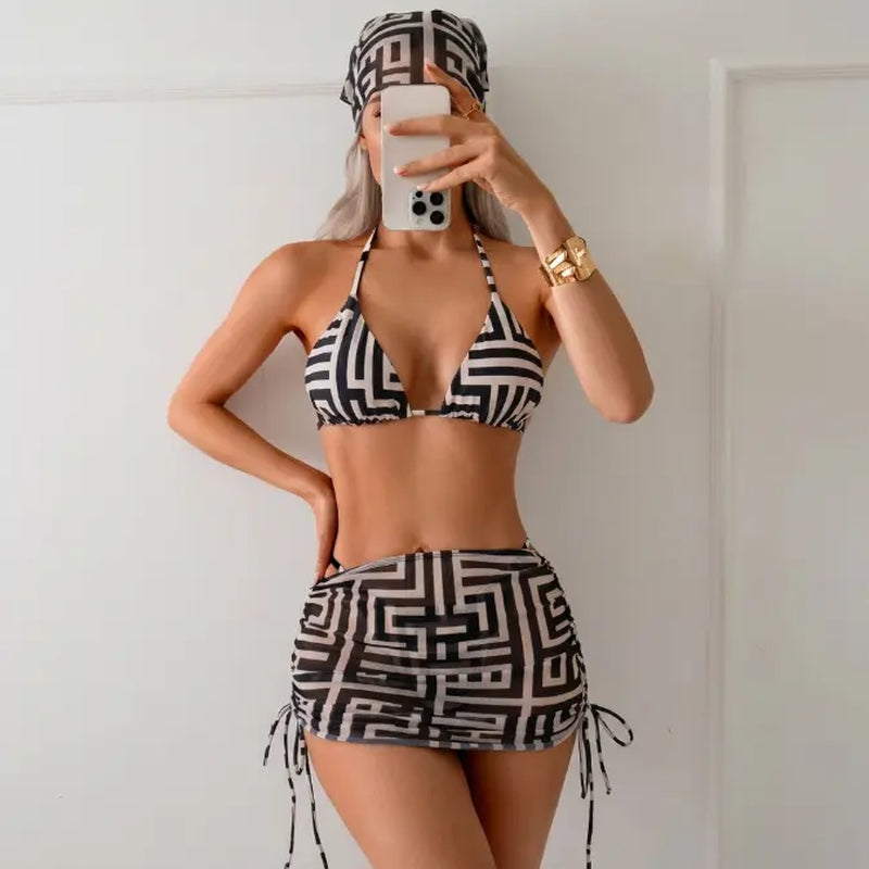 Women'S 4-Piece Geometric Print Bikini - High Cut 3/4 Cup Bathing Suit with Drawstring Mesh Skirt & Hair Scarf - Snatched 4Pc Swimsuit with Tummy Smoothing Sarong