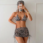 Women'S 4-Piece Geometric Print Bikini - High Cut 3/4 Cup Bathing Suit with Drawstring Mesh Skirt & Hair Scarf - Snatched 4Pc Swimsuit with Tummy Smoothing Sarong