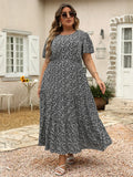Women'S plus Size Ditsy Floral Print A-Line Dress, Fashion Casual Short Sleeve Dress for Daily Wear, Women'S Summer Clothing, Womenswear, Boho Clothes for Women