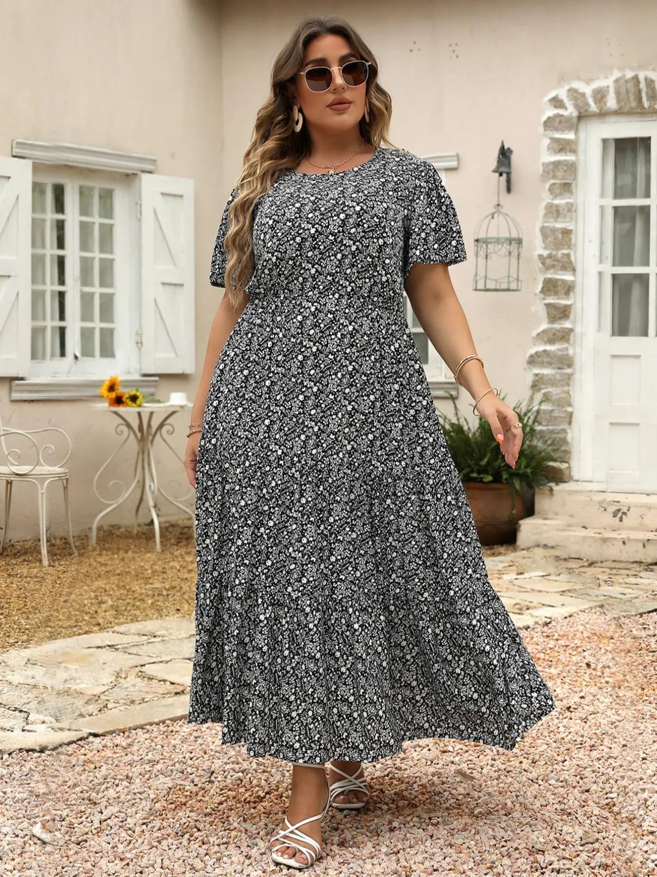 Women'S plus Size Ditsy Floral Print A-Line Dress, Fashion Casual Short Sleeve Dress for Daily Wear, Women'S Summer Clothing, Womenswear, Boho Clothes for Women