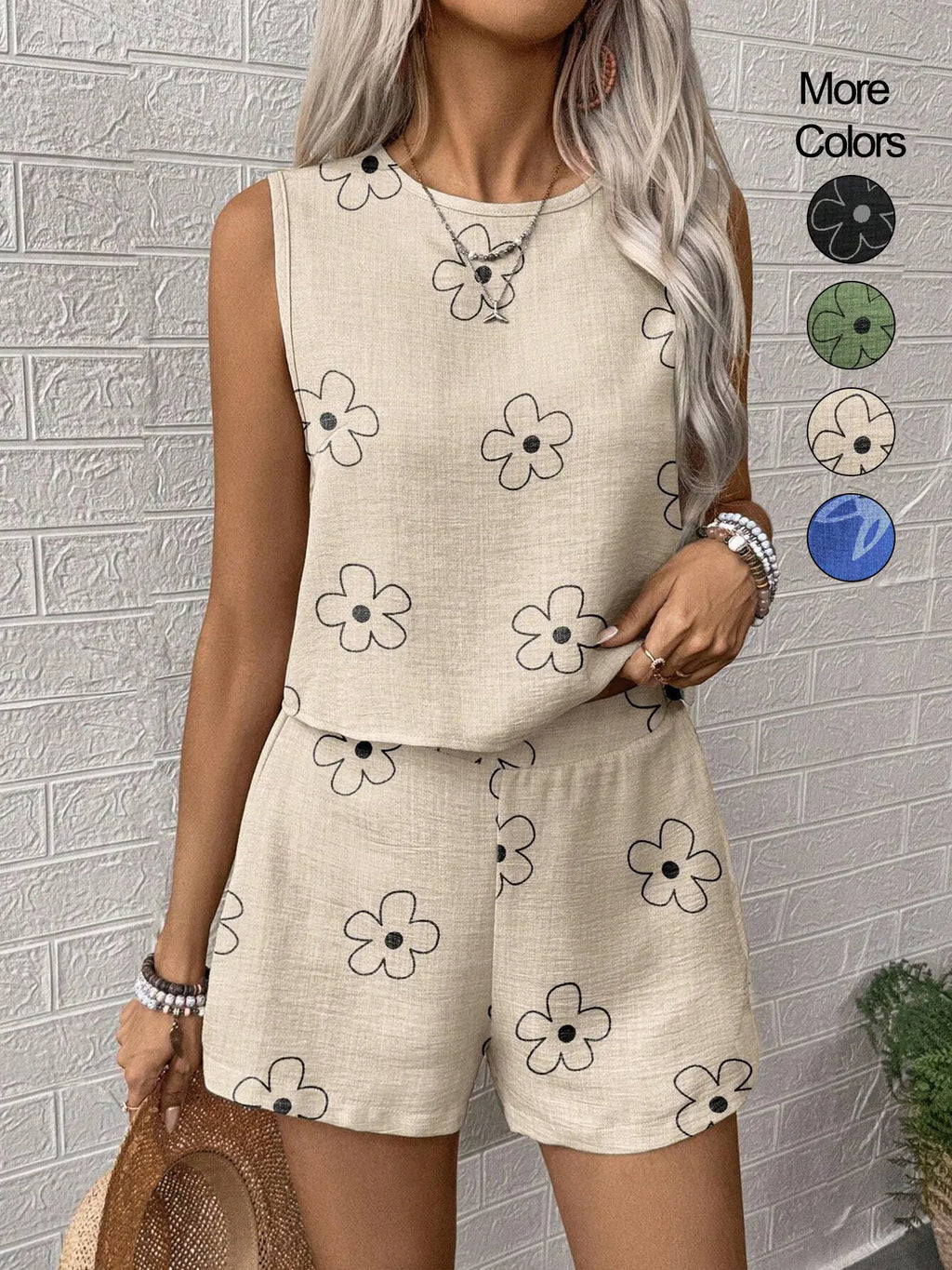 Two-Piece Set Women'S Floral Print Tank Top & Shorts, Casual Sleeveless round Neck Top & Shorts for Summer, Ladies Clothes for Daily Wear, Fitted, Womenswear, Summer Outfits Set