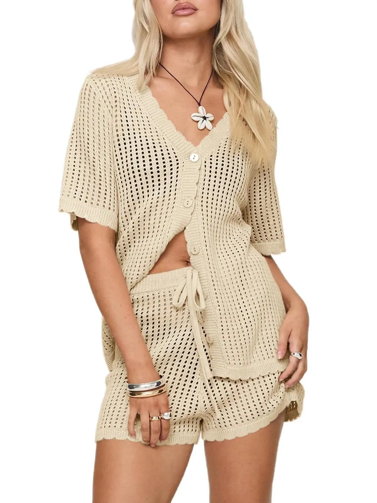 Fisoew Women'S 2-Piece Crochet Bathing Suit Cover up Set, Short-Sleeve V-Neck Button Top & Drawstring Shorts, Beachwear Cover up for Swimsuits