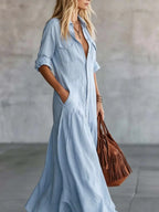 2026 Long Dress with Shirt Collar and Button Design, Fashionable Patchwork Pocket Detail, European, American and Bohemian Style Cross-Border Export