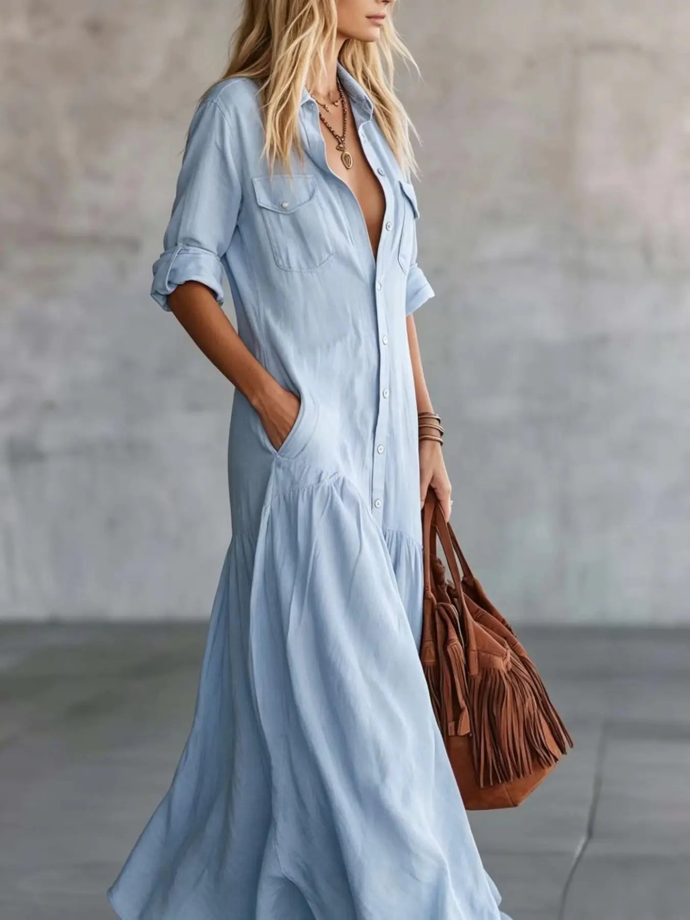 2026 Long Dress with Shirt Collar and Button Design, Fashionable Patchwork Pocket Detail, European, American and Bohemian Style Cross-Border Export