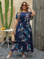 Women'S plus Size Ditsy Floral Print A-Line Dress, Fashion Casual Short Sleeve Dress for Daily Wear, Women'S Summer Clothing, Womenswear, Boho Clothes for Women