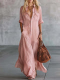 2026 Long Dress with Shirt Collar and Button Design, Fashionable Patchwork Pocket Detail, European, American and Bohemian Style Cross-Border Export