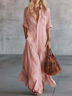 2026 Long Dress with Shirt Collar and Button Design, Fashionable Patchwork Pocket Detail, European, American and Bohemian Style Cross-Border Export