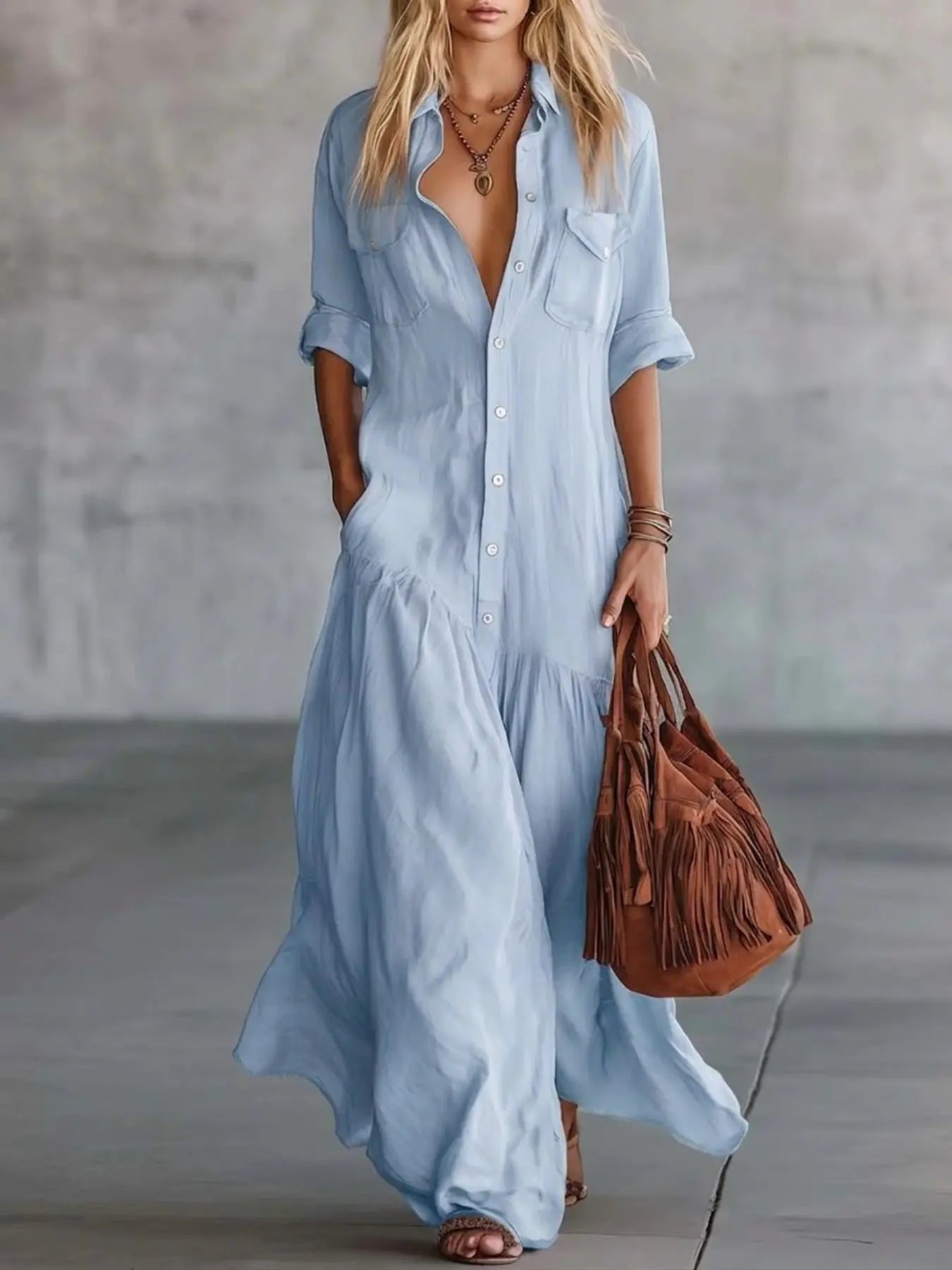 2026 Long Dress with Shirt Collar and Button Design, Fashionable Patchwork Pocket Detail, European, American and Bohemian Style Cross-Border Export