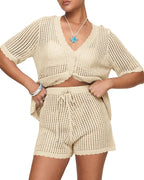 Fisoew Women'S 2-Piece Crochet Bathing Suit Cover up Set, Short-Sleeve V-Neck Button Top & Drawstring Shorts, Beachwear Cover up for Swimsuits