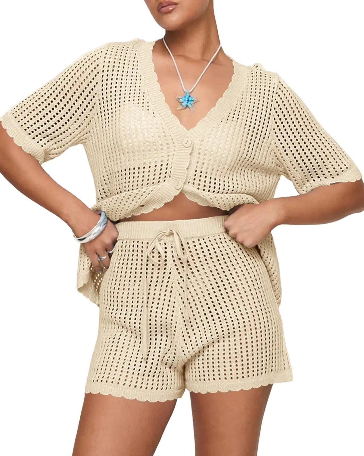 Fisoew Women'S 2-Piece Crochet Bathing Suit Cover up Set, Short-Sleeve V-Neck Button Top & Drawstring Shorts, Beachwear Cover up for Swimsuits