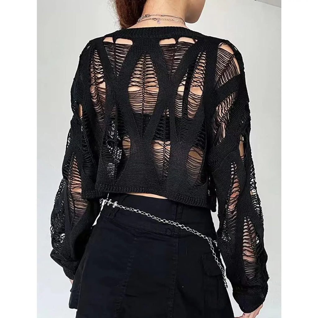 Women'S See through Hole Ripped Crop Tops Knit Pullover Short Sweaters