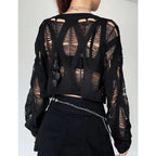Women'S See through Hole Ripped Crop Tops Knit Pullover Short Sweaters