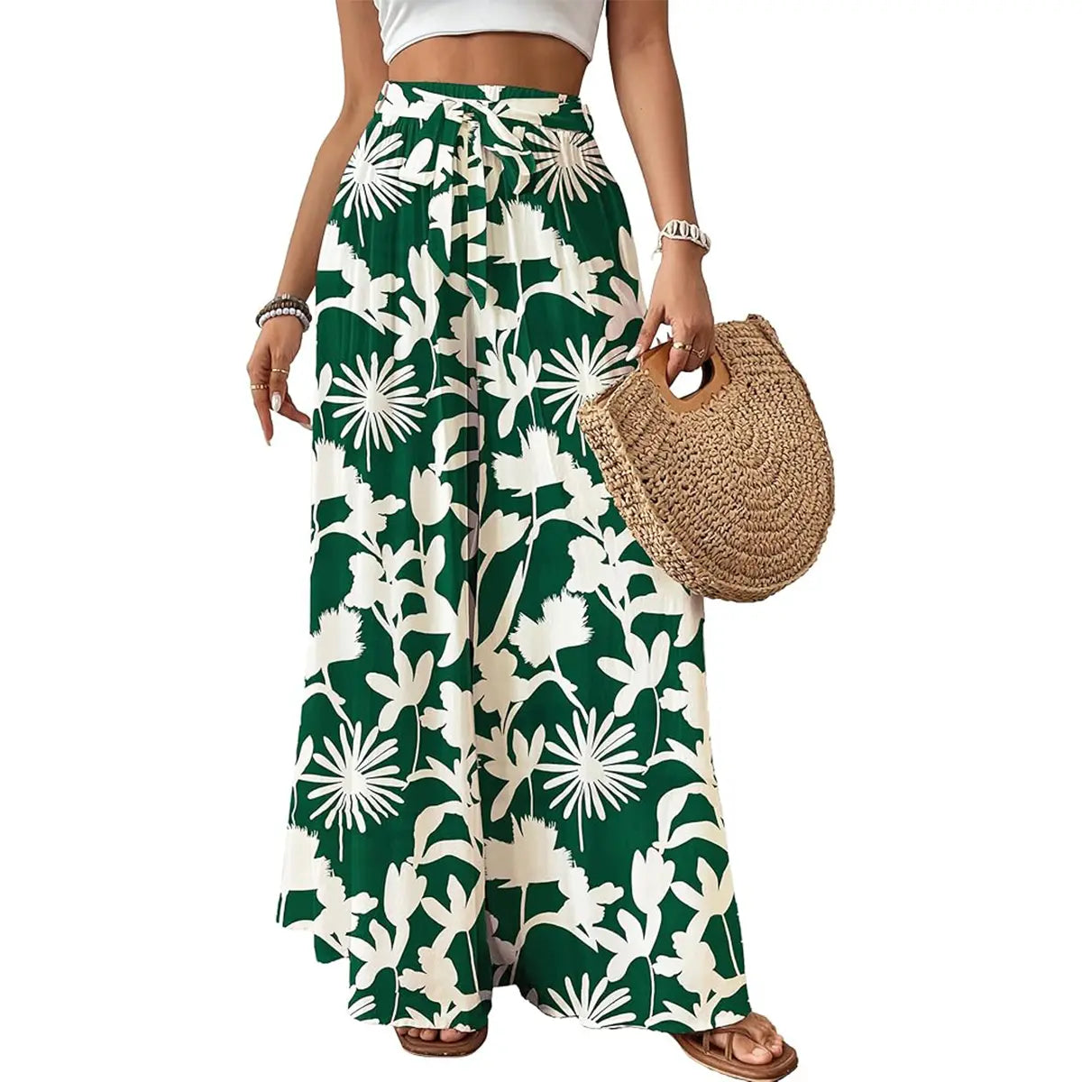 Bsubseach Wide Leg Pants Woman Flowy Floral Palazzo Pants for Women High Waisted Summer Casual Trousers Cruise Outfits