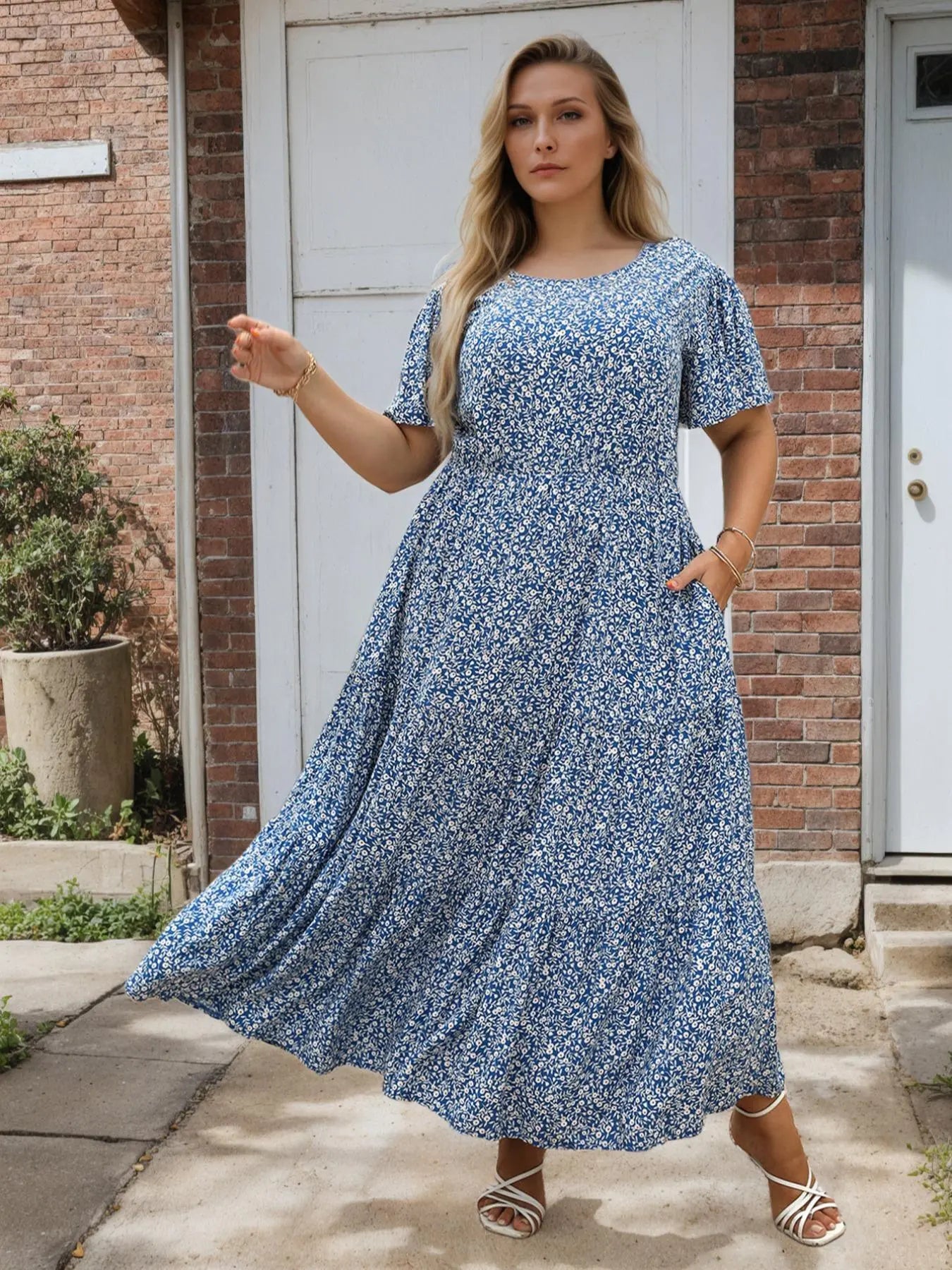Women'S plus Size Ditsy Floral Print A-Line Dress, Fashion Casual Short Sleeve Dress for Daily Wear, Women'S Summer Clothing, Womenswear, Boho Clothes for Women