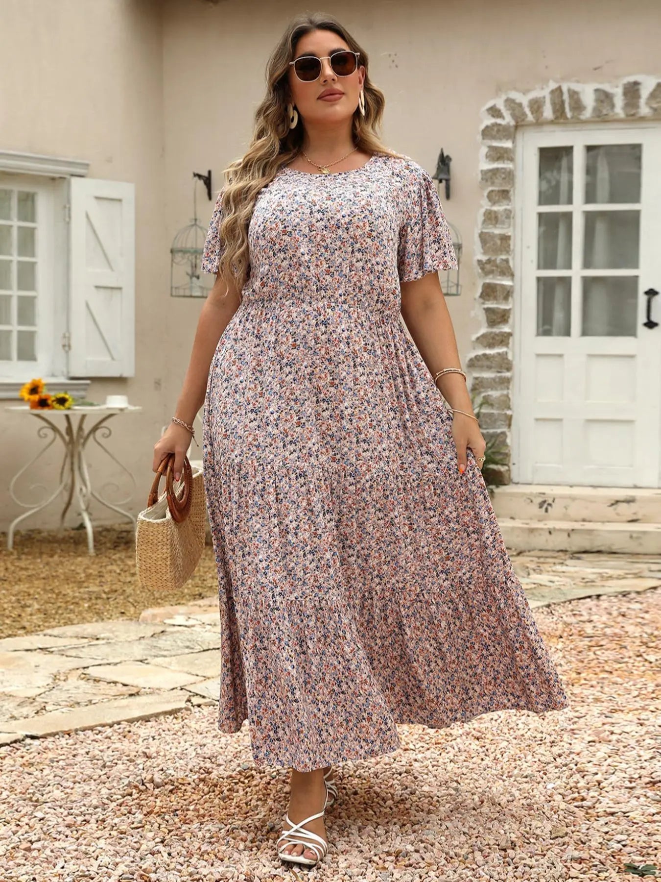 Women'S plus Size Ditsy Floral Print A-Line Dress, Fashion Casual Short Sleeve Dress for Daily Wear, Women'S Summer Clothing, Womenswear, Boho Clothes for Women
